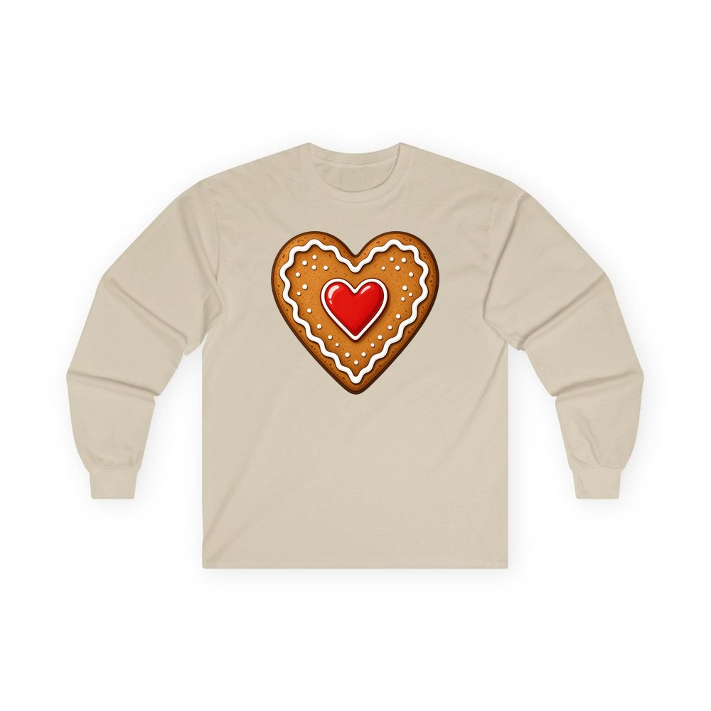 Gingerbread Heart Biscuit personalised long sleeve Christmas T-shirt in sand
