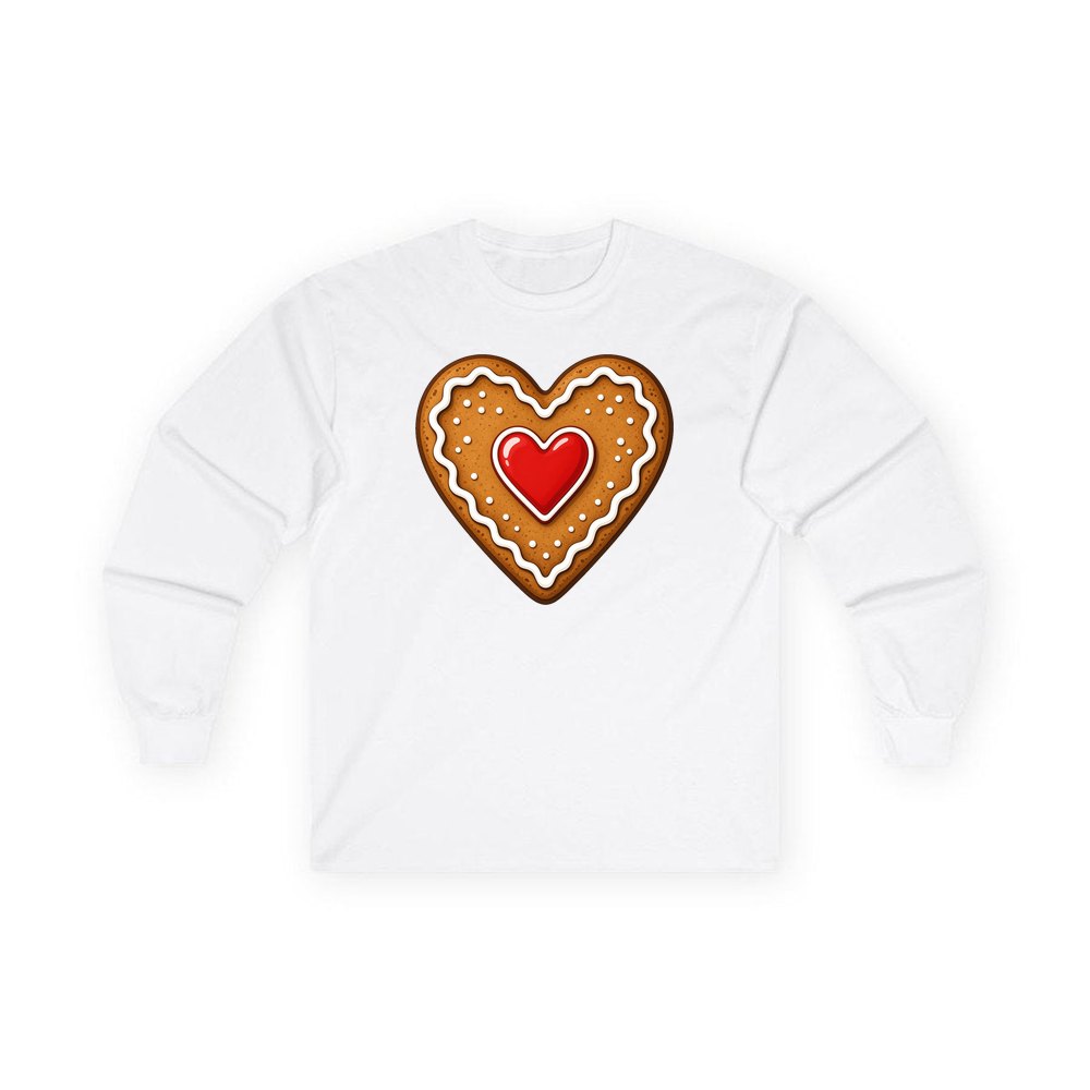 Gingerbread Heart Biscuit personalised long sleeve Christmas T-shirt in white