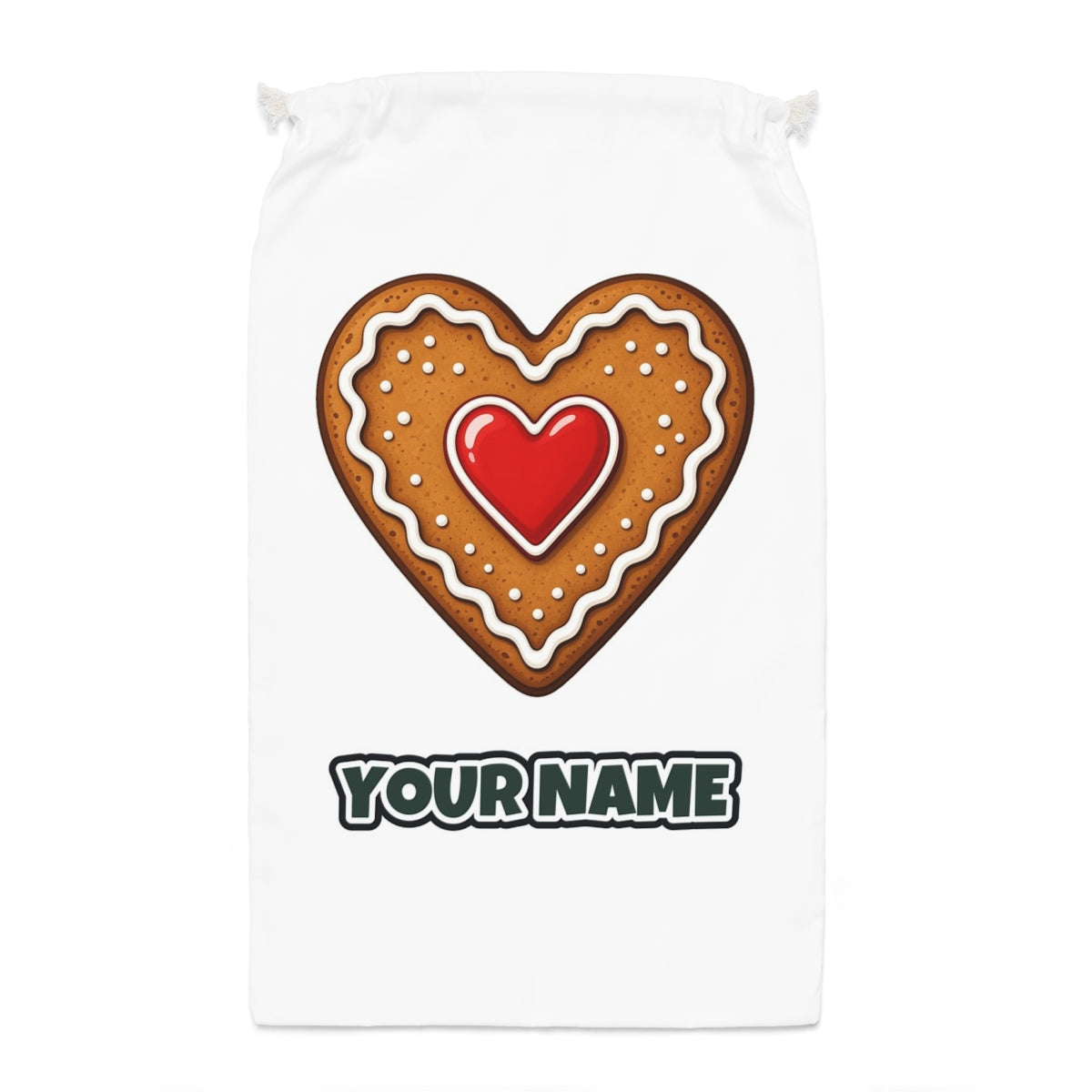 Gingerbread Heart Biscuit Santa sack laid flat, showing the full print