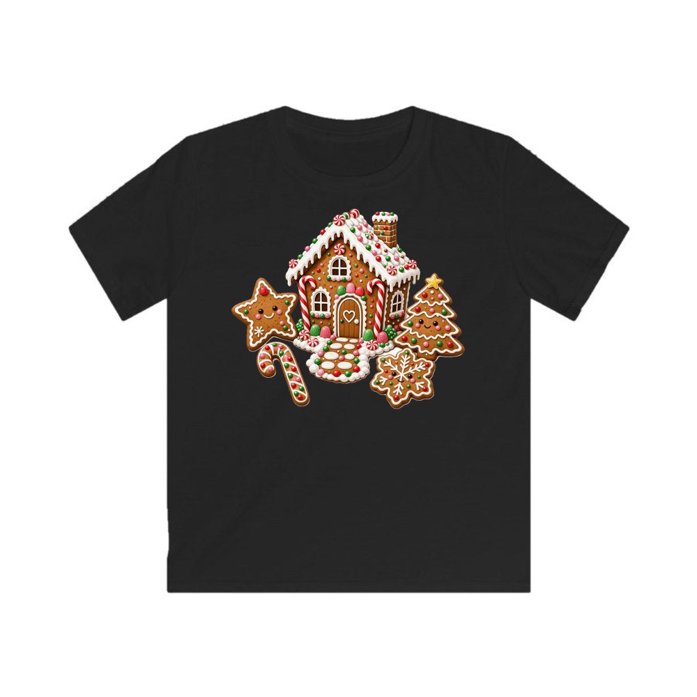 Gingerbread House and Cookies personalised kids Christmas tee in black