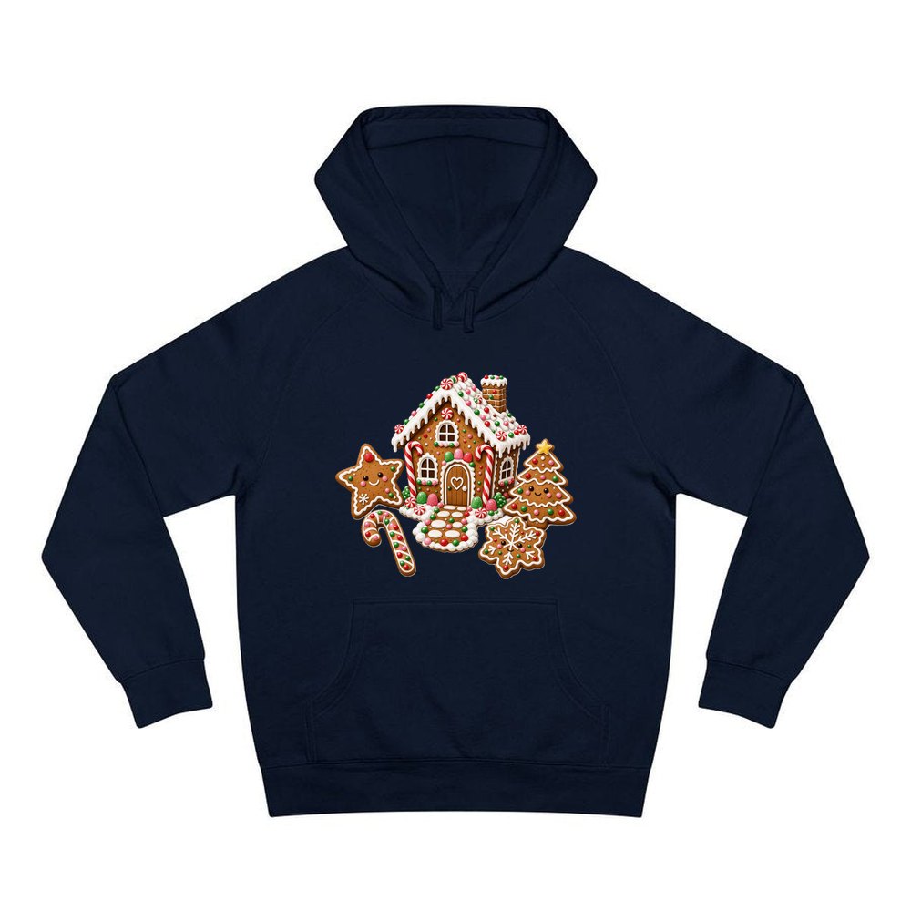 Gingerbread House and Cookies personalised Christmas hoodie in navy
