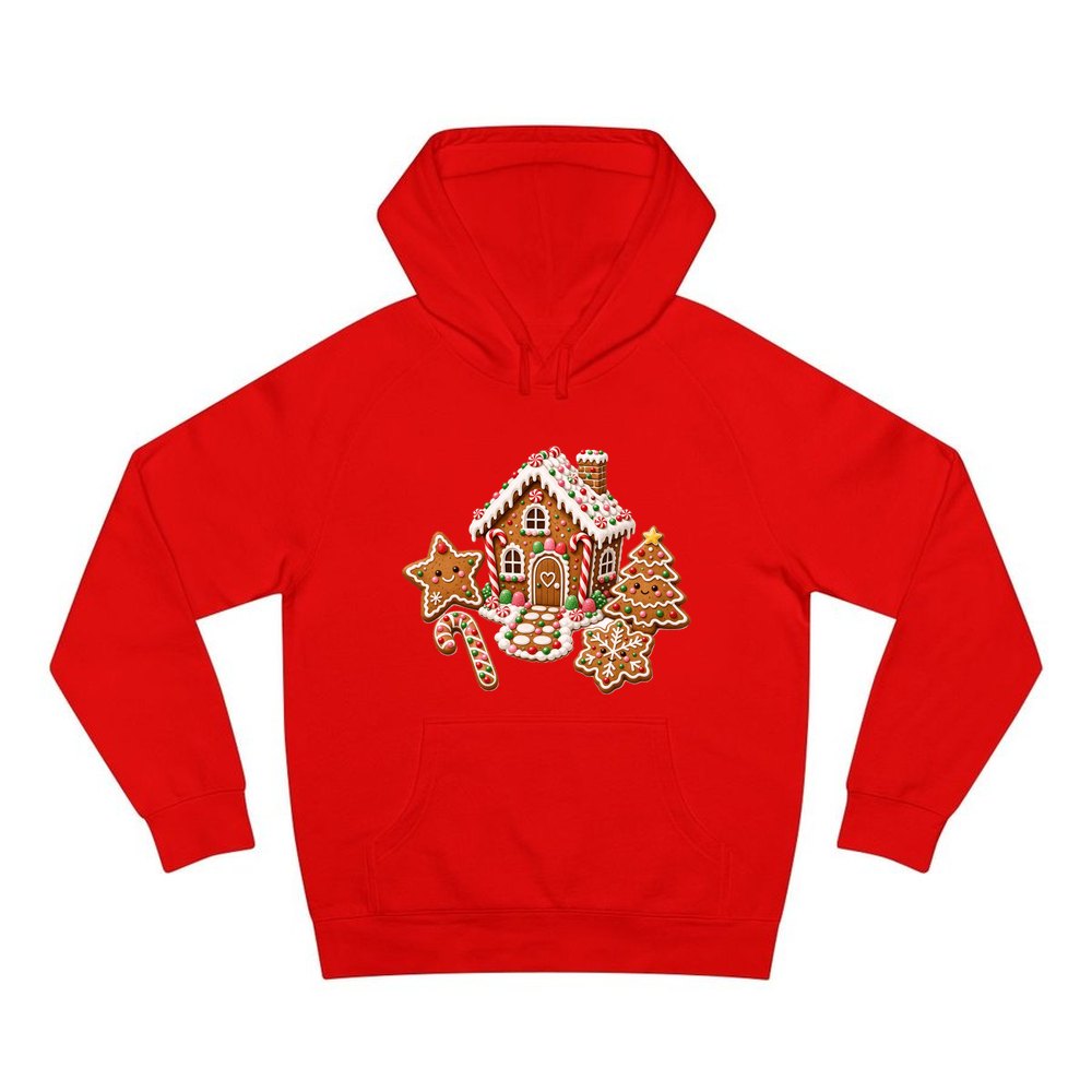Gingerbread House and Cookies personalised Christmas hoodie in red