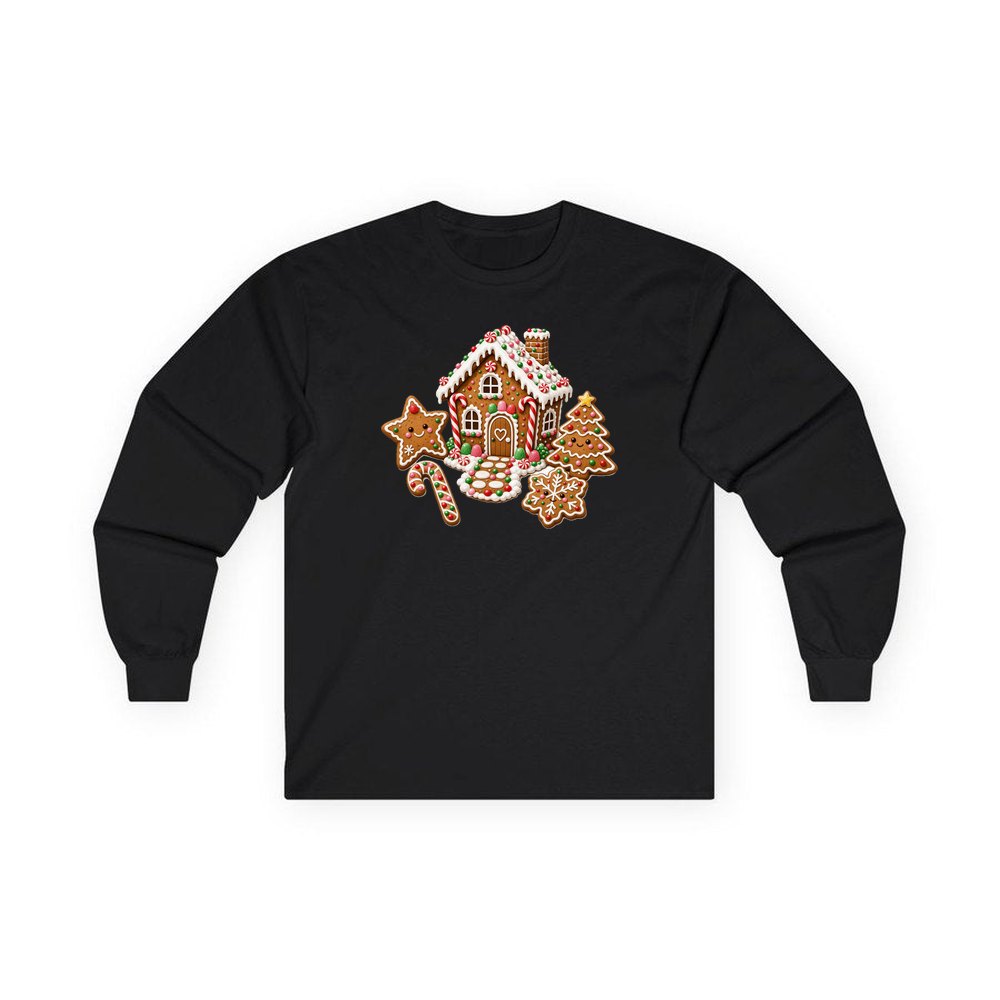 Gingerbread House and Cookies personalised long sleeve Christmas T-shirt in black