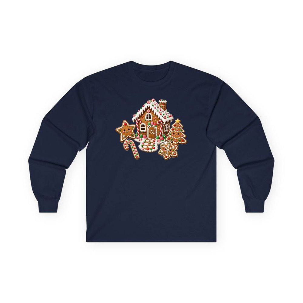 Gingerbread House and Cookies personalised long sleeve Christmas T-shirt in navy