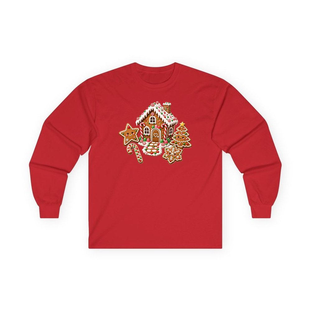 Gingerbread House and Cookies personalised long sleeve Christmas T-shirt in red