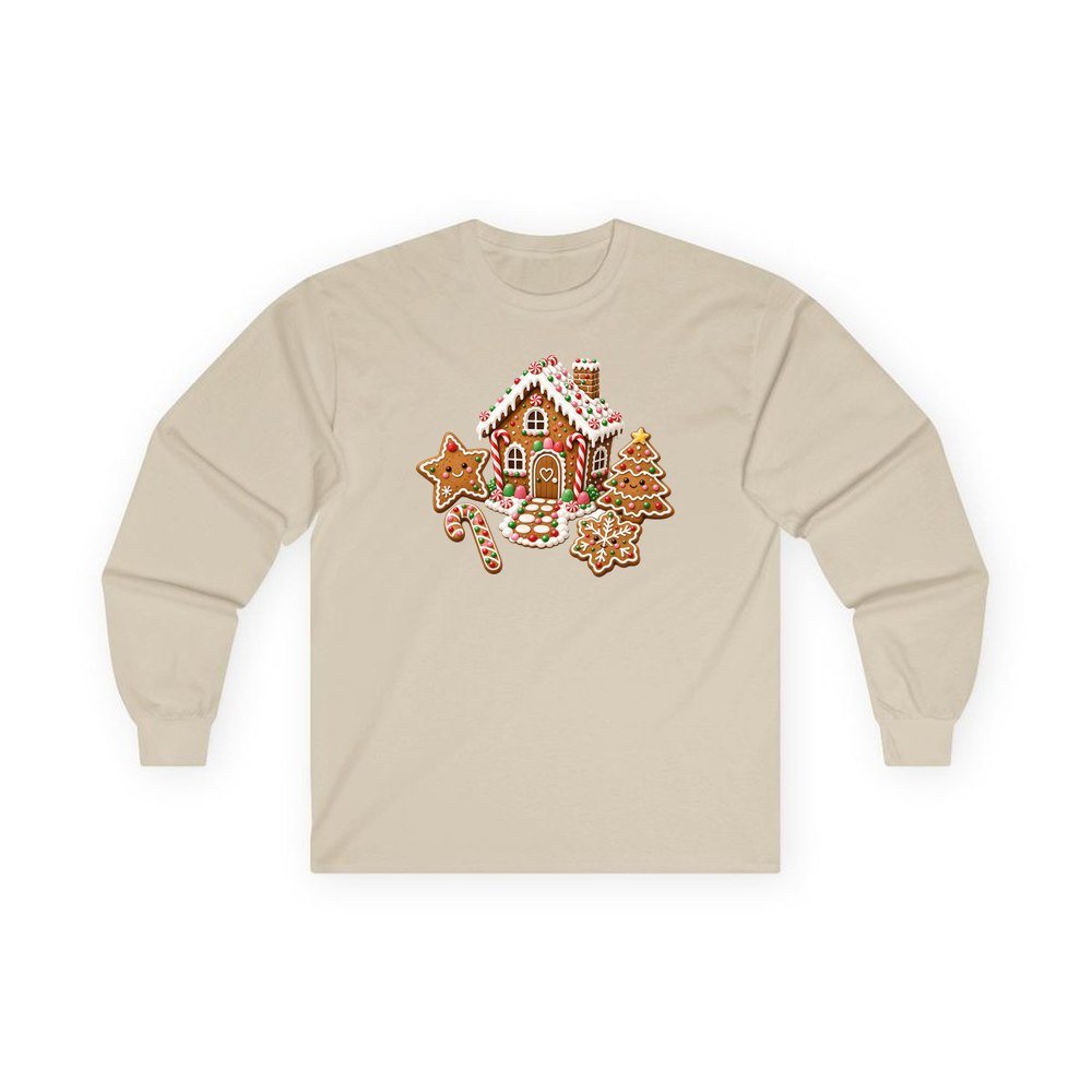 Gingerbread House and Cookies personalised long sleeve Christmas T-shirt in sand