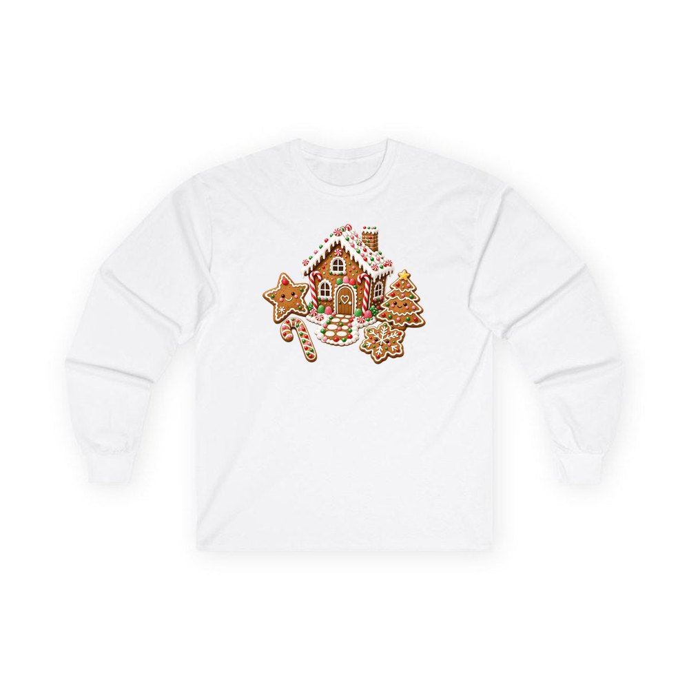 Gingerbread House and Cookies personalised long sleeve Christmas T-shirt in white