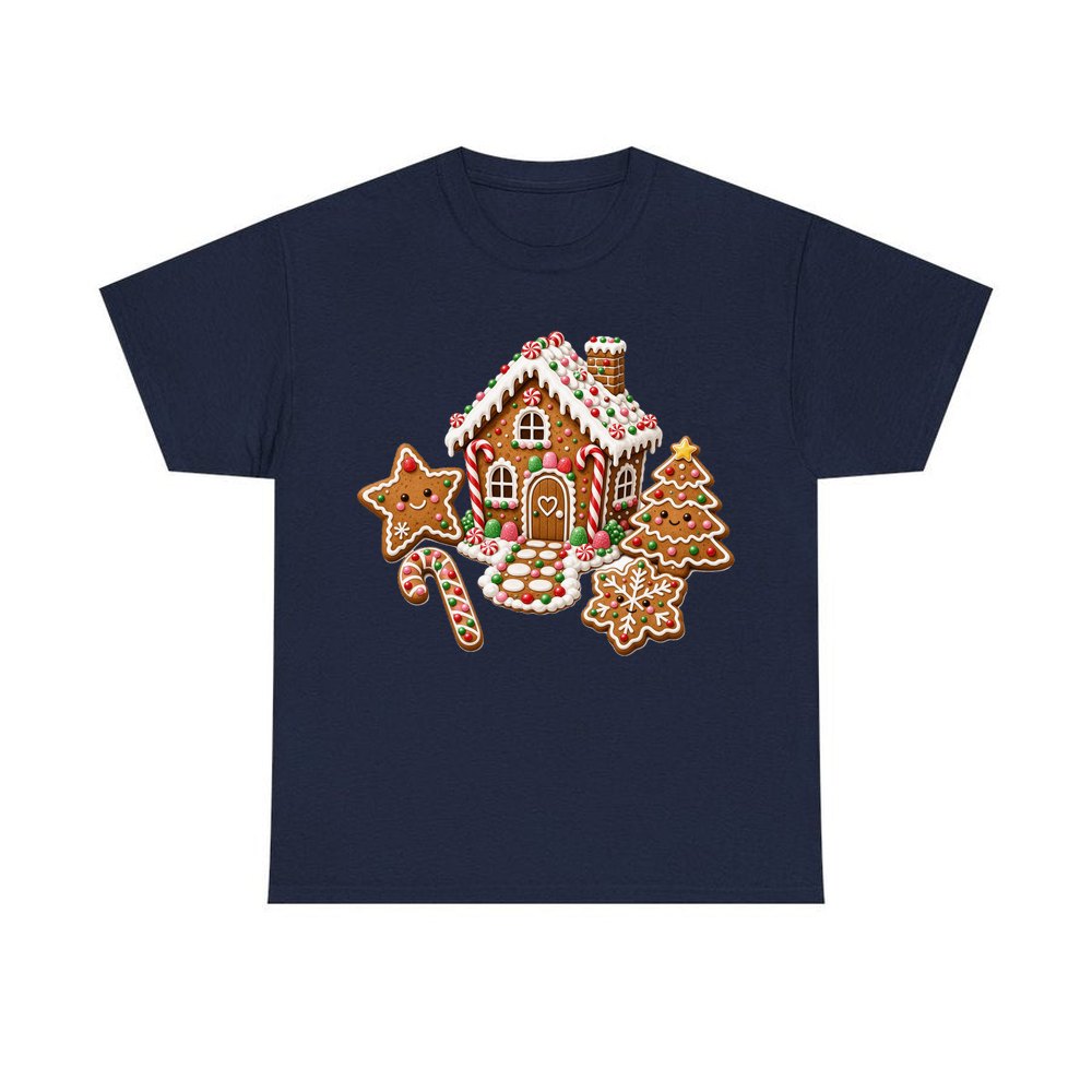 Gingerbread House and Cookies personalised Christmas T-shirt in navy
