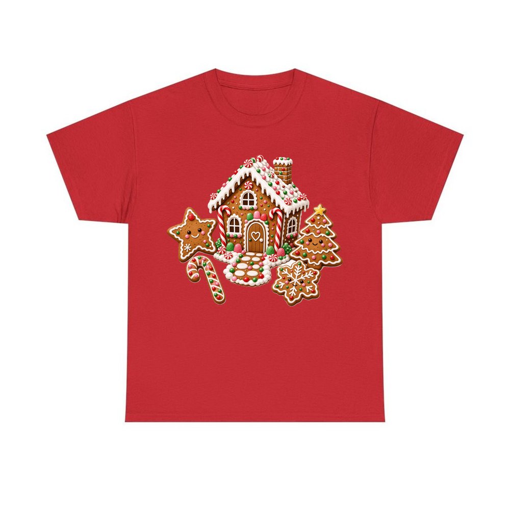Gingerbread House and Cookies personalised Christmas T-shirt in red