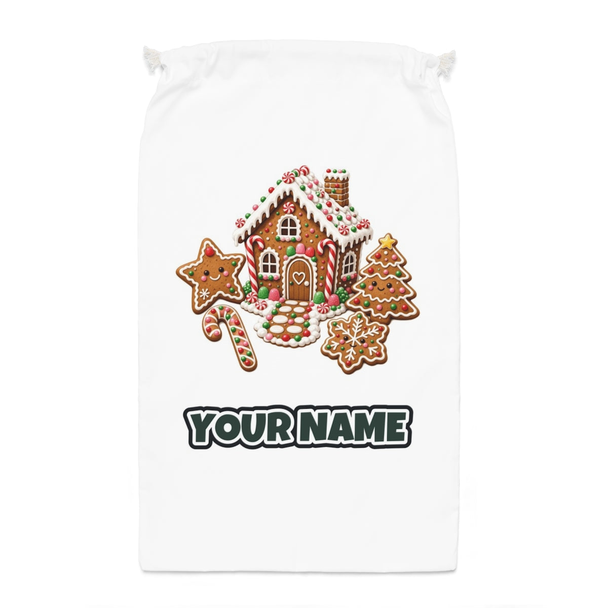 Gingerbread House and Cookies Santa sack laid flat, showing the full print