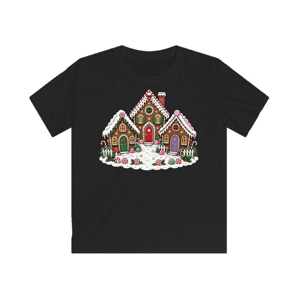 Gingerbread House Village personalised kids Christmas tee in black