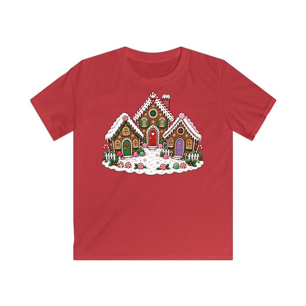 Gingerbread House Village personalised kids Christmas tee in red