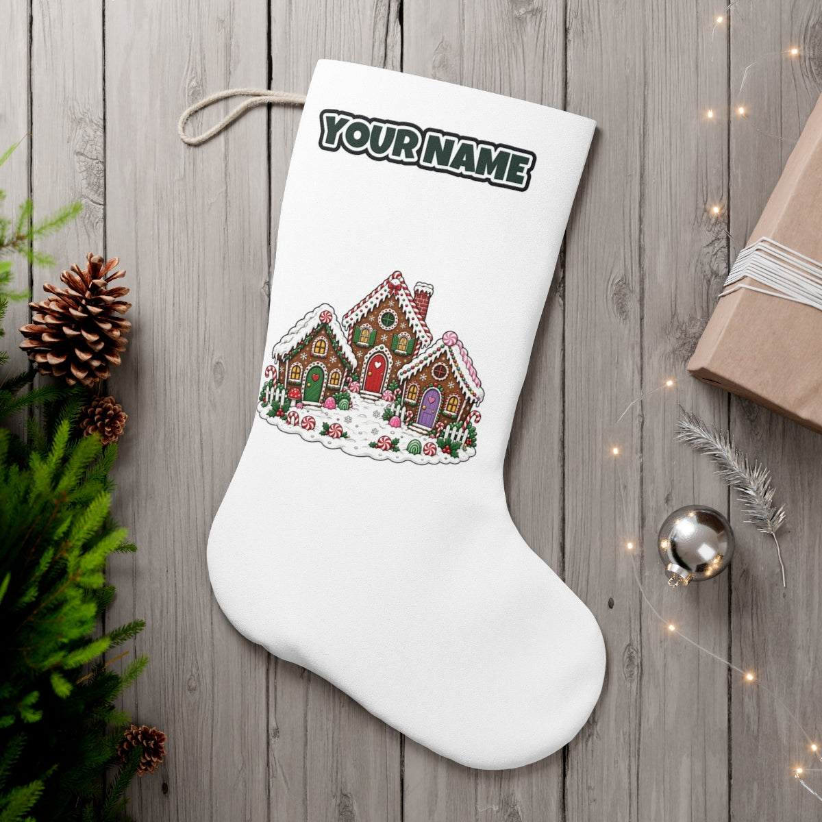 Gingerbread House Village personalised Christmas stocking, white, with the name across the top