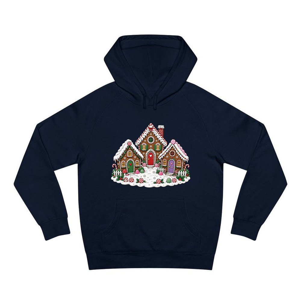 Gingerbread House Village personalised Christmas hoodie in navy