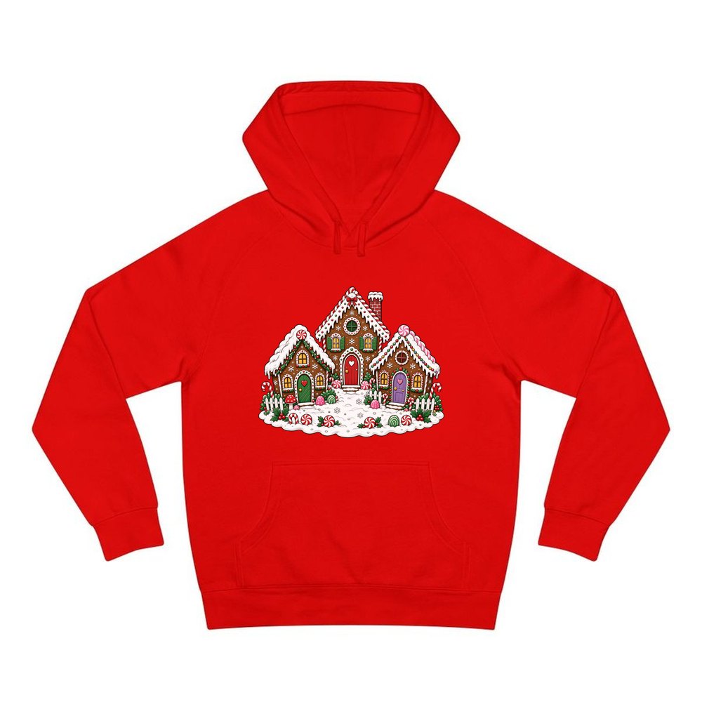 Gingerbread House Village personalised Christmas hoodie in red