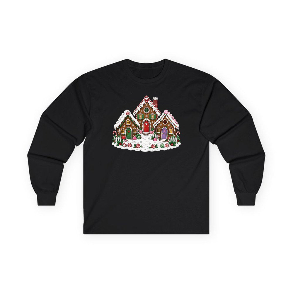 Gingerbread House Village personalised long sleeve Christmas T-shirt in black