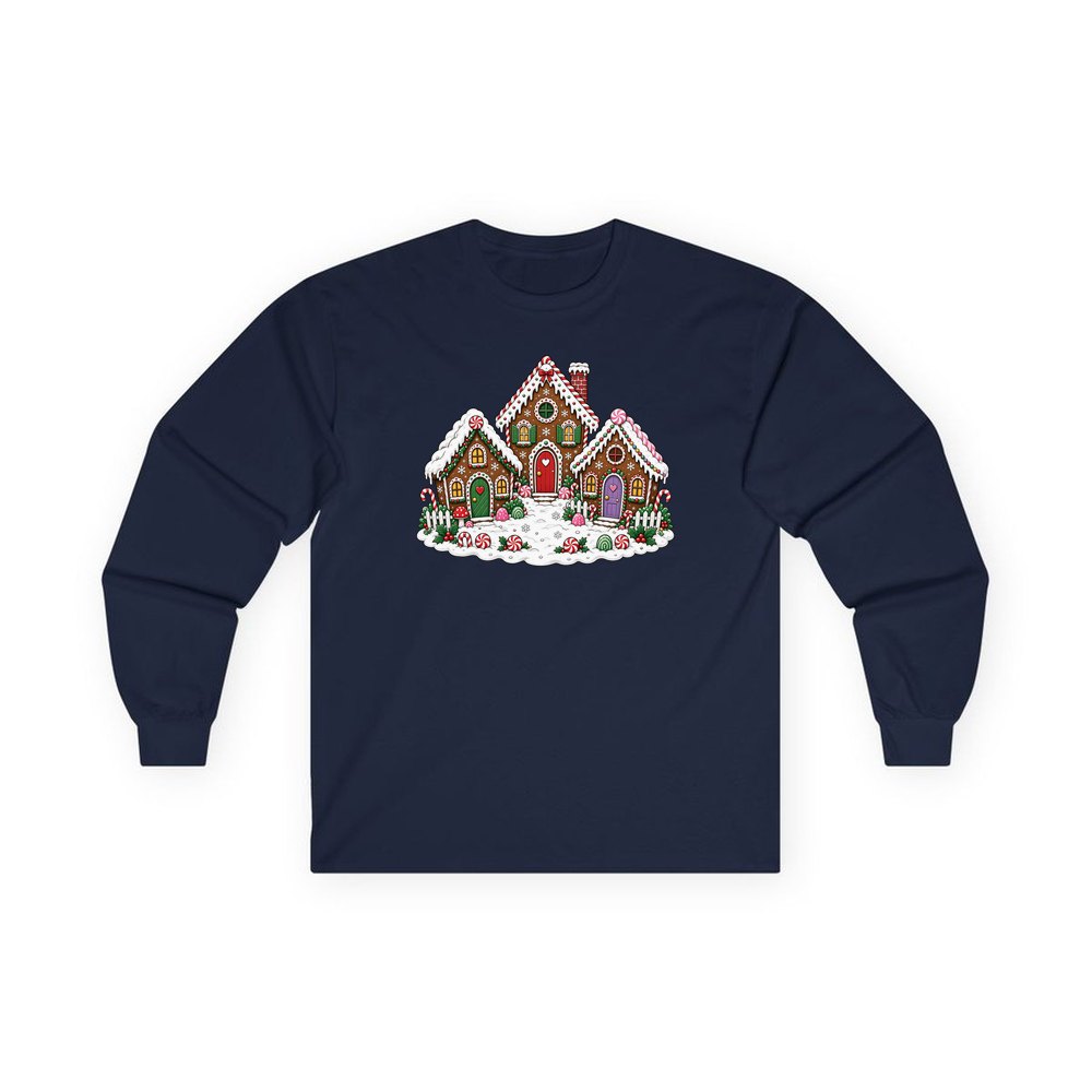 Gingerbread House Village personalised long sleeve Christmas T-shirt in navy