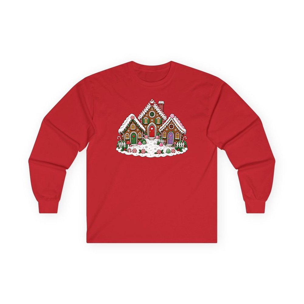 Gingerbread House Village personalised long sleeve Christmas T-shirt in red