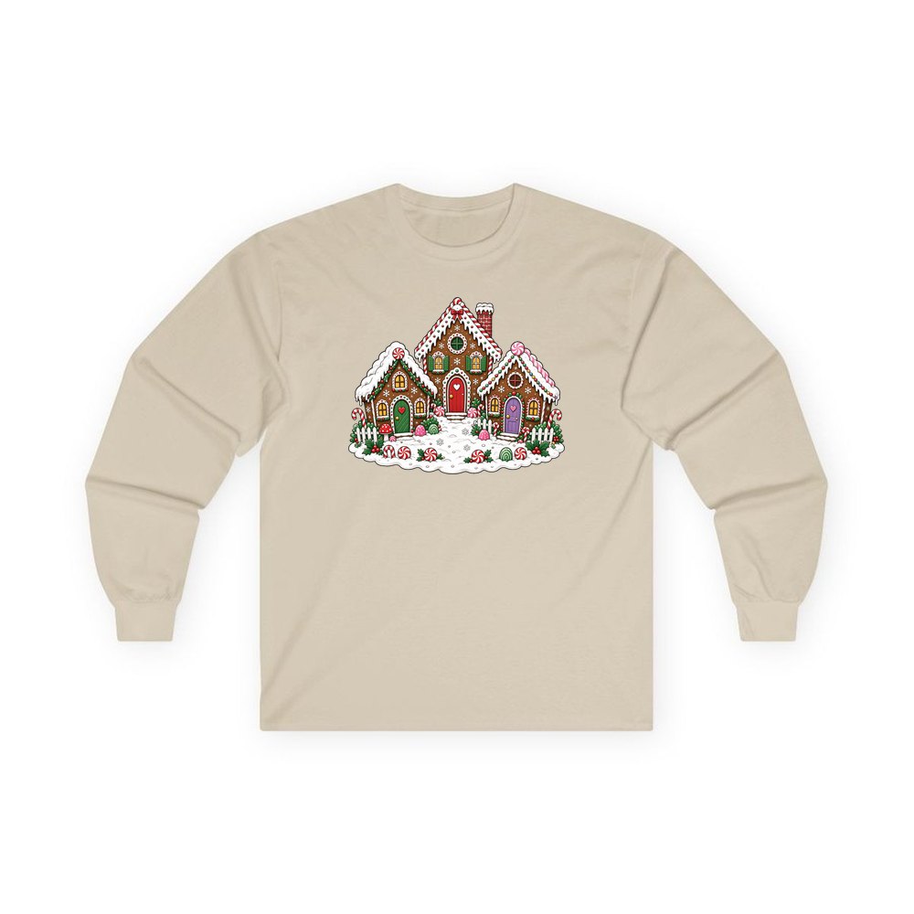 Gingerbread House Village personalised long sleeve Christmas T-shirt in sand