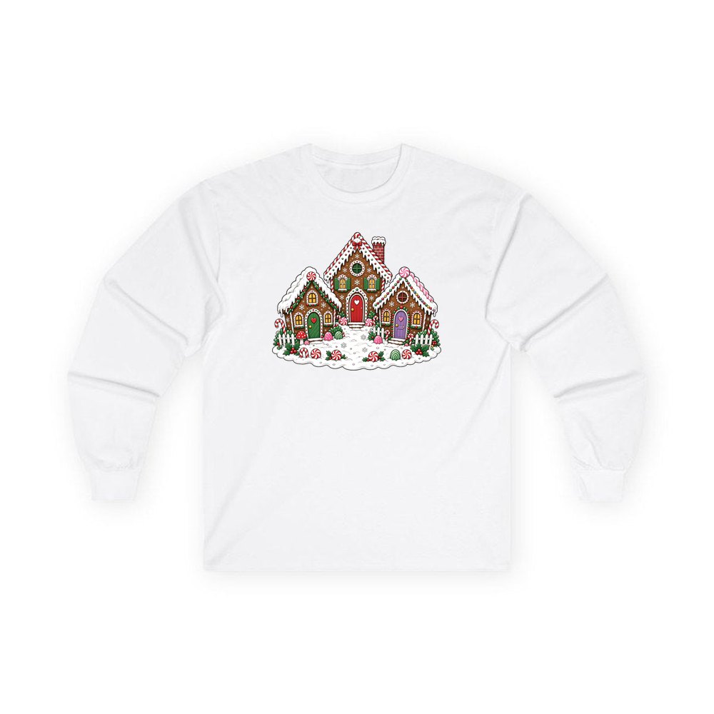 Gingerbread House Village personalised long sleeve Christmas T-shirt in white