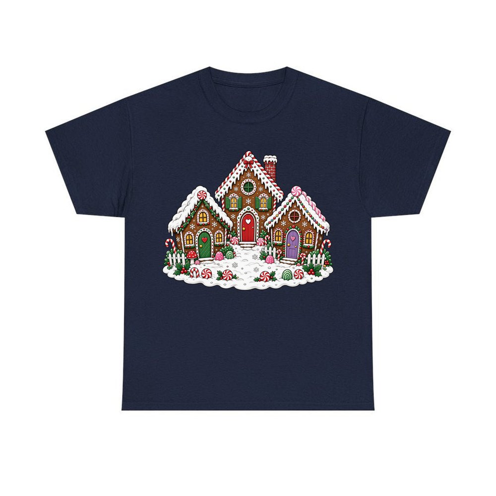 Gingerbread House Village personalised Christmas T-shirt in navy