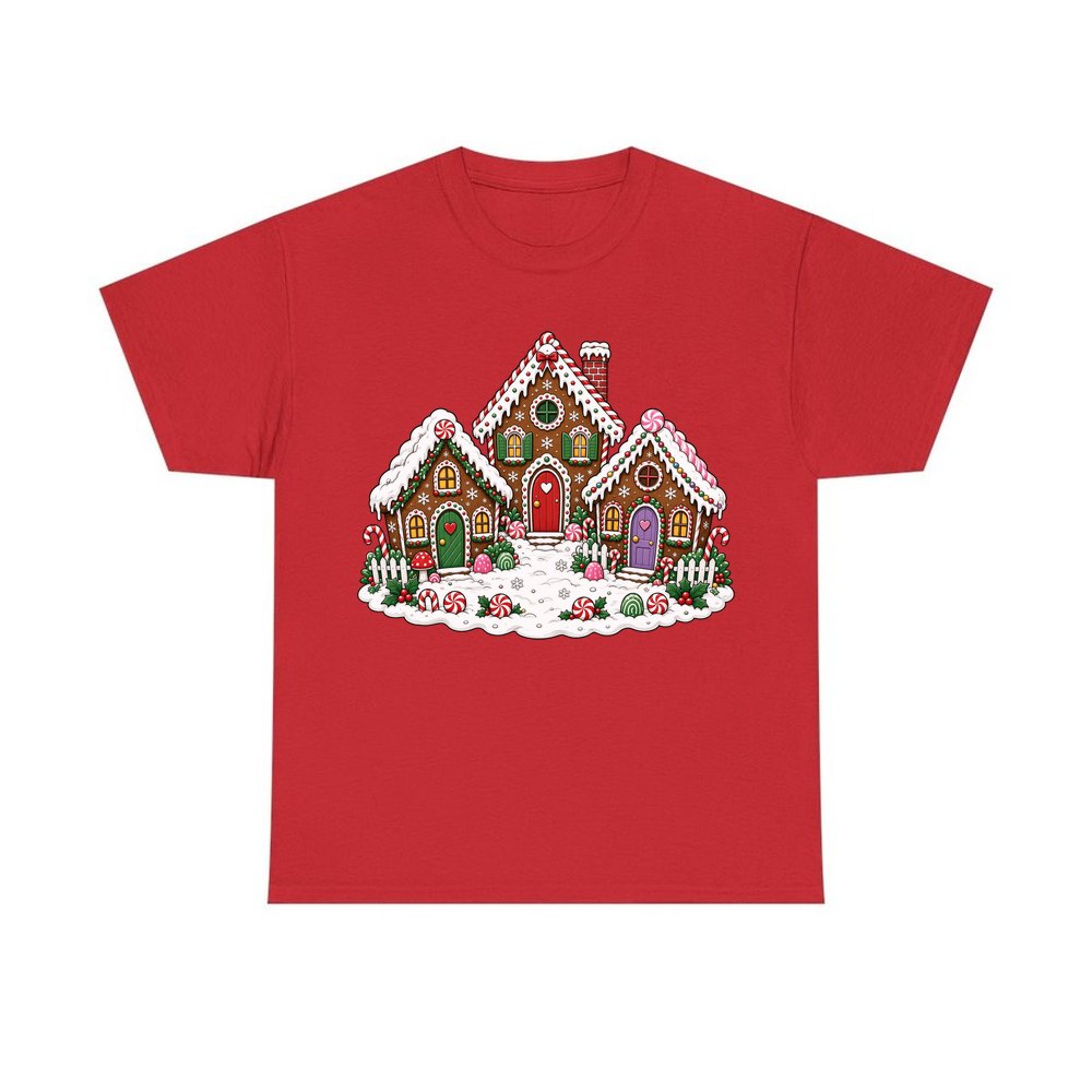 Gingerbread House Village personalised Christmas T-shirt in red