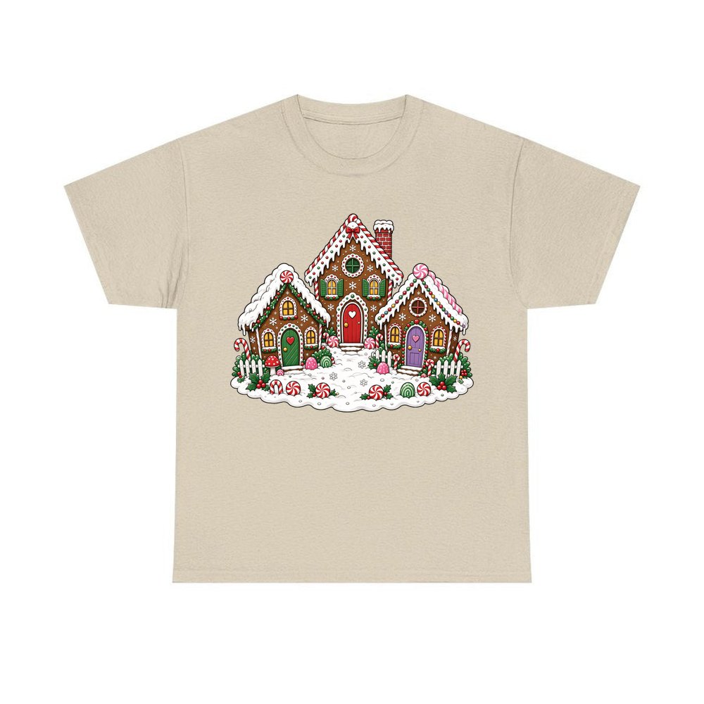 Gingerbread House Village personalised Christmas T-shirt in sand