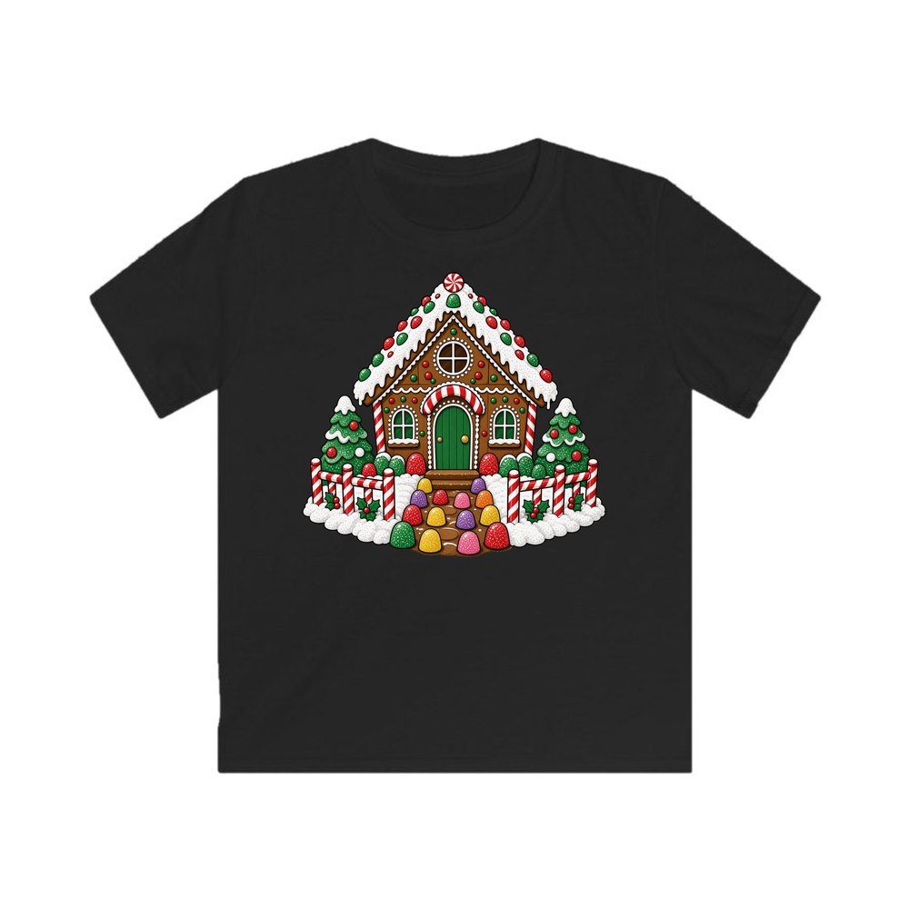 Gingerbread House with Candy Fence personalised kids Christmas tee in black