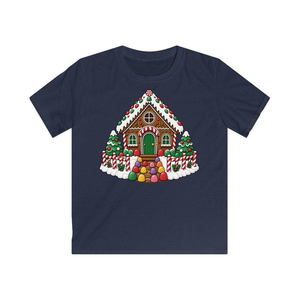 Gingerbread House with Candy Fence personalised kids Christmas tee in navy