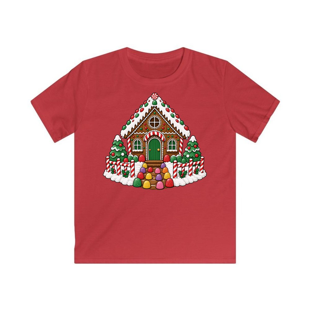 Gingerbread House with Candy Fence personalised kids Christmas tee in red