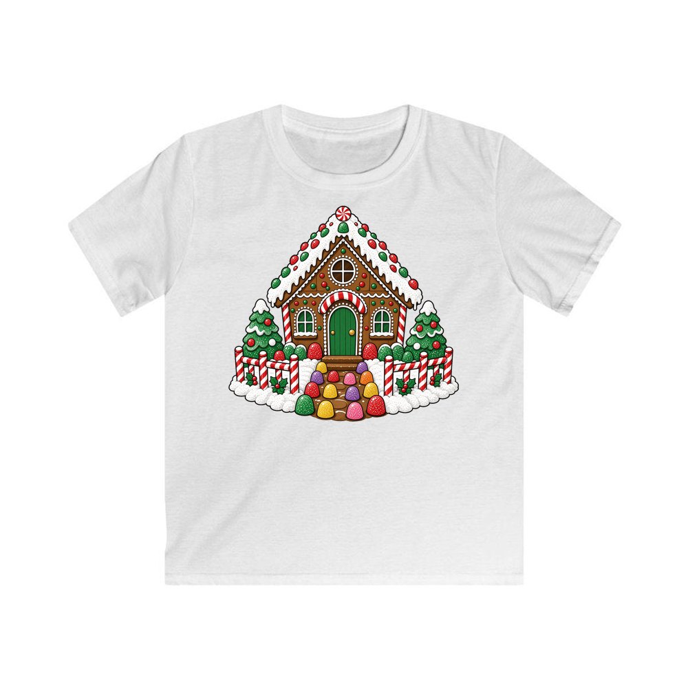 Gingerbread House with Candy Fence personalised kids Christmas tee in white