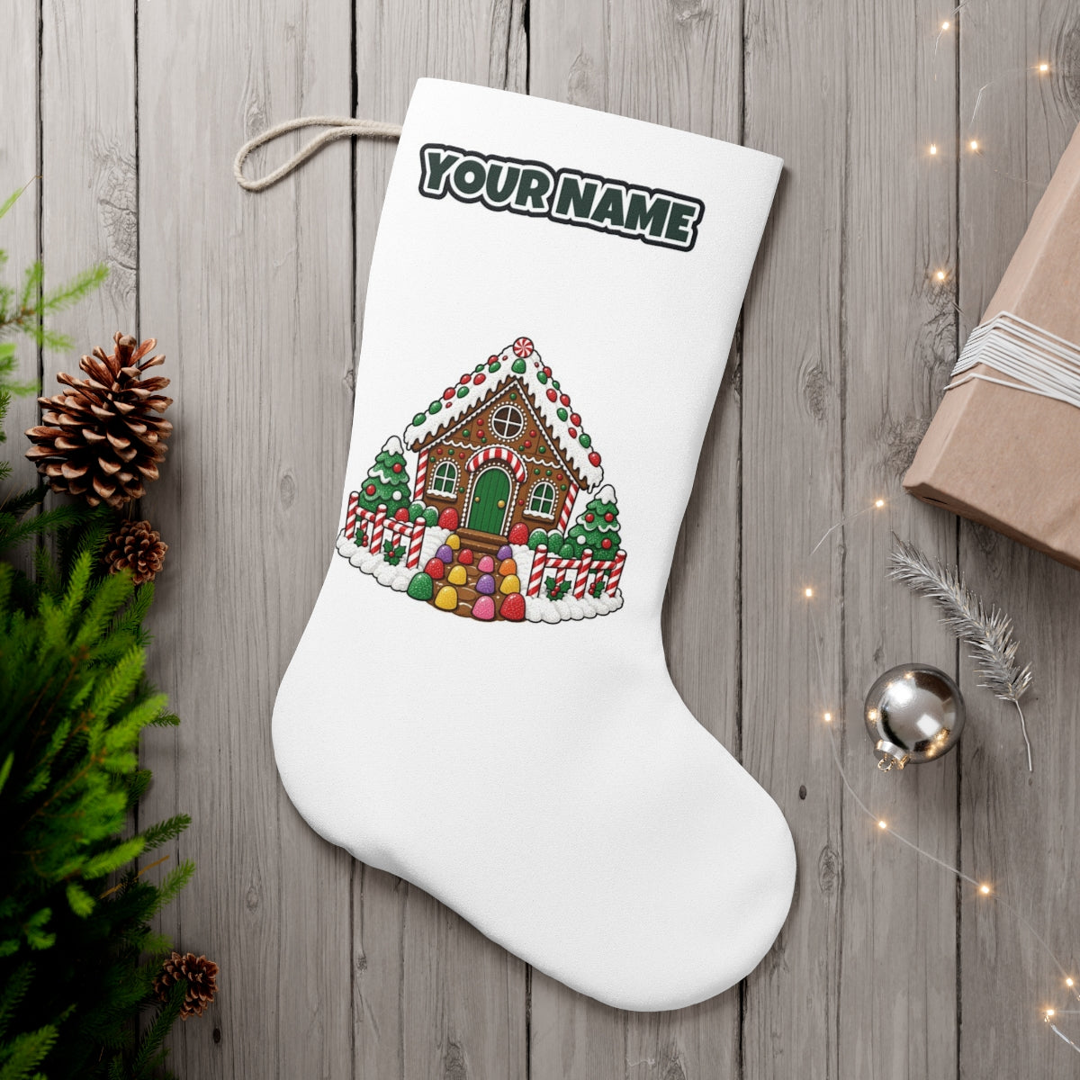 Gingerbread House with Candy Fence personalised Christmas stocking, white, with the name across the top