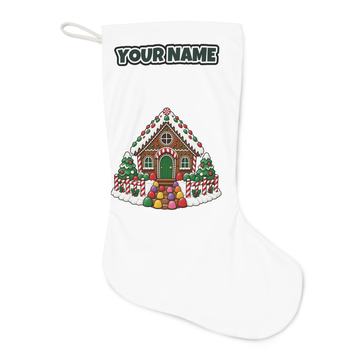 Gingerbread House with Candy Fence Christmas stocking laid flat, showing the full print