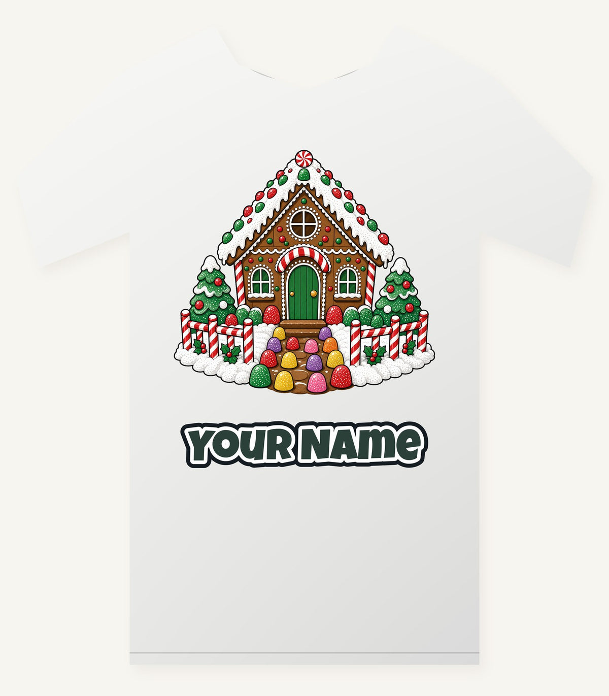 Gingerbread House with Candy Fence Personalised Christmas T-Shirt and Hoodie