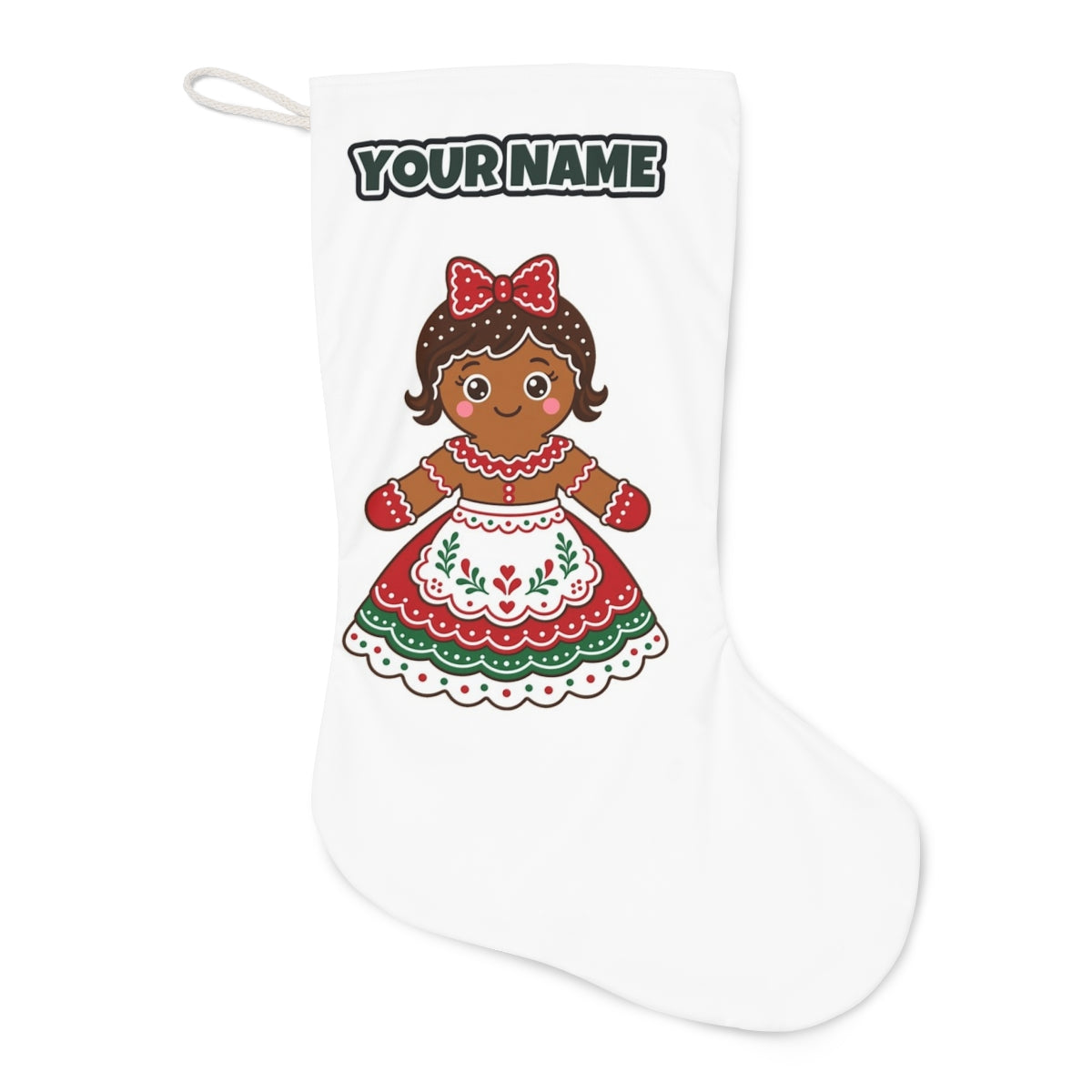 Gingerbread Lady In Apron Christmas stocking laid flat, showing the full print