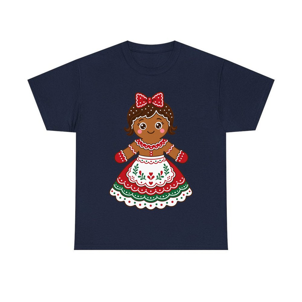 Gingerbread Lady In Apron personalised Christmas T-shirt in navy
