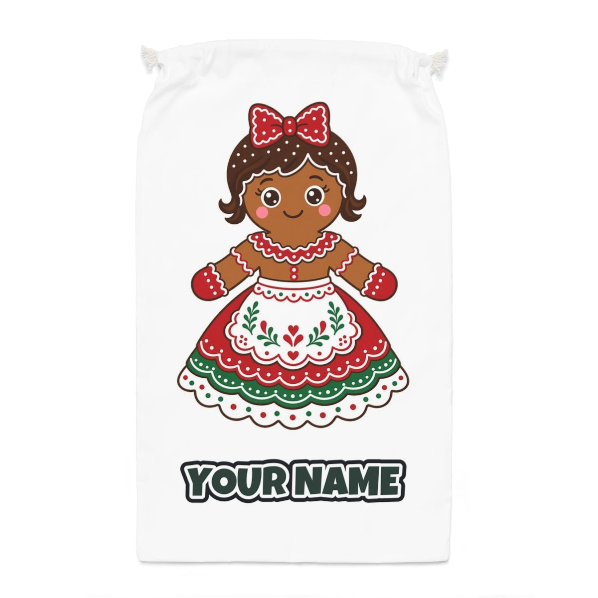 Gingerbread Lady In Apron Santa sack laid flat, showing the full print