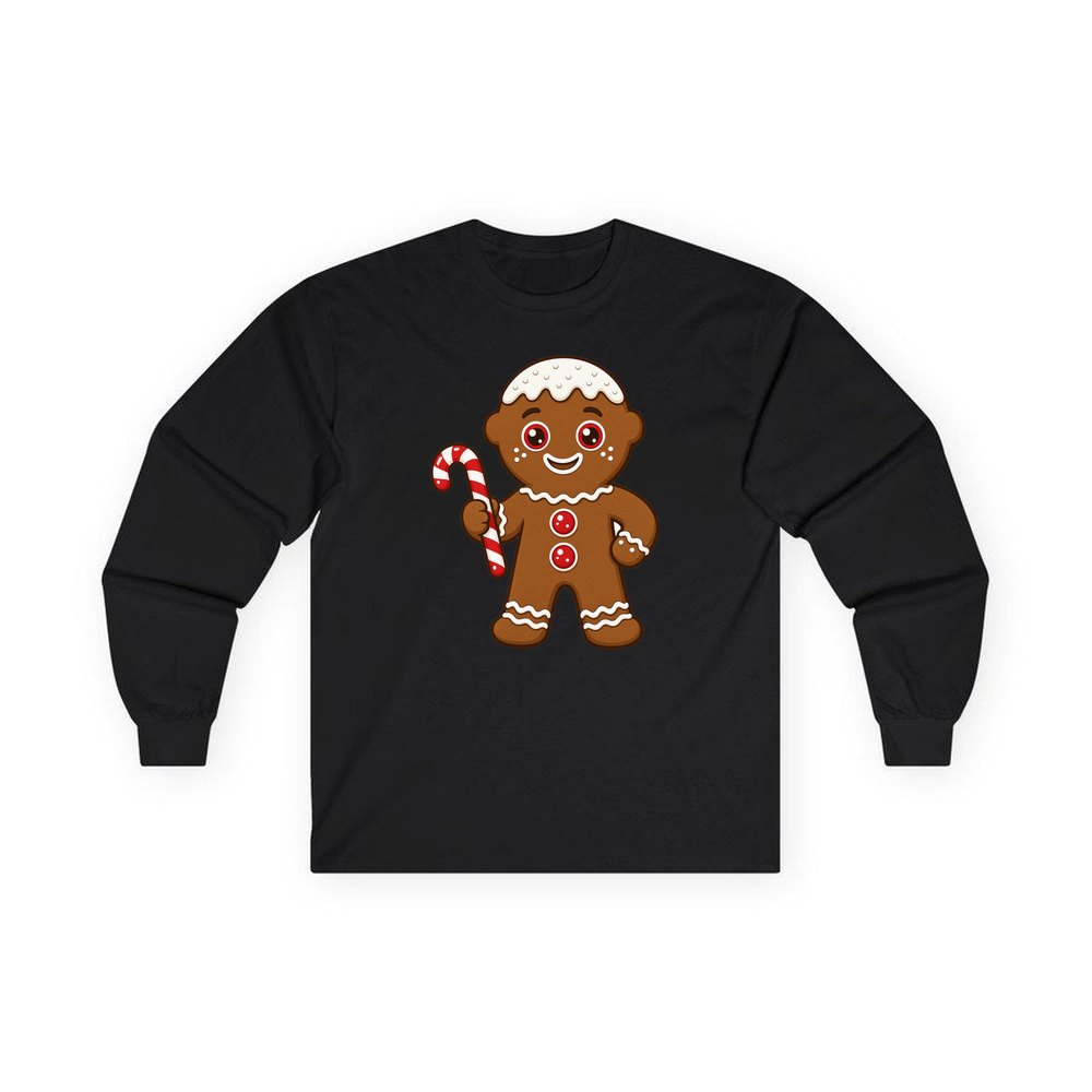 Gingerbread Man Candy Cane personalised long sleeve Christmas T-shirt in black