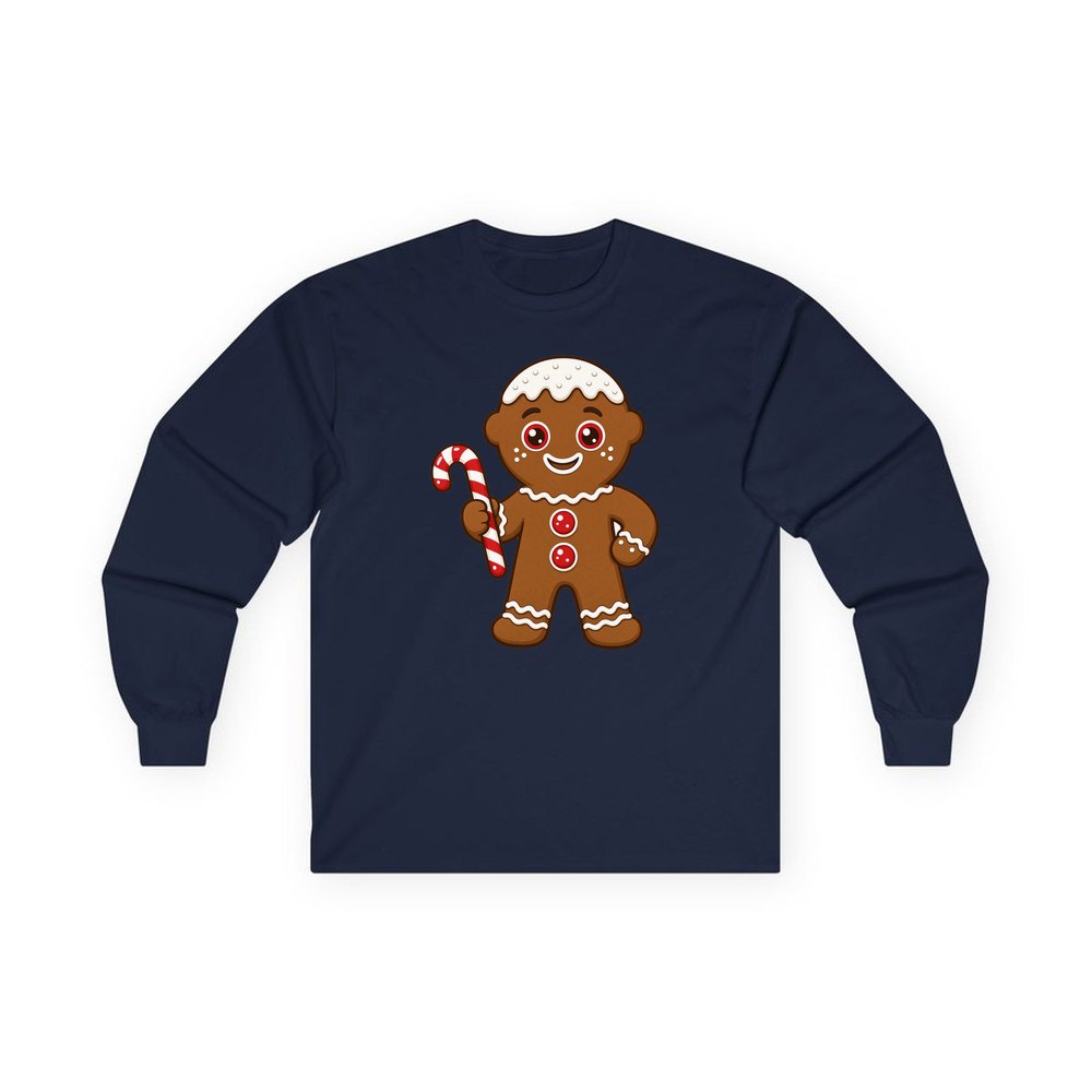 Gingerbread Man Candy Cane personalised long sleeve Christmas T-shirt in navy