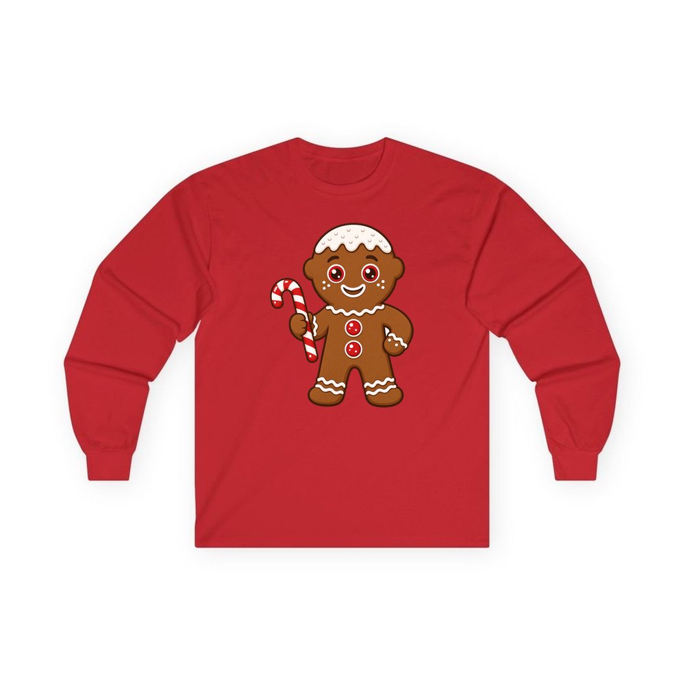 Gingerbread Man Candy Cane personalised long sleeve Christmas T-shirt in red
