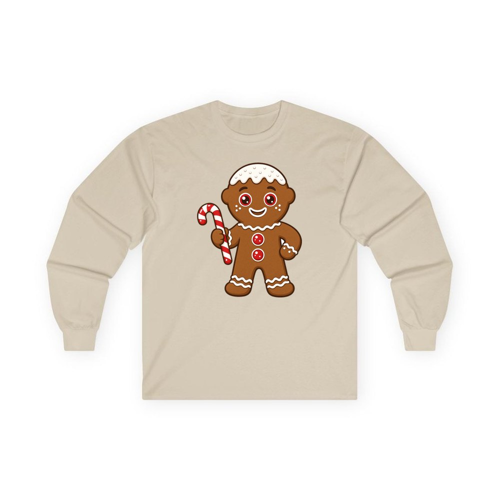 Gingerbread Man Candy Cane personalised long sleeve Christmas T-shirt in sand
