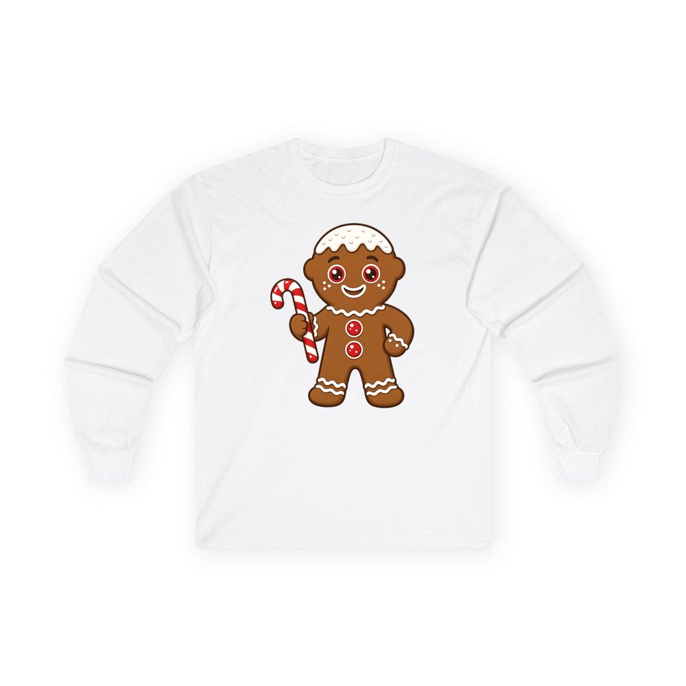 Gingerbread Man Candy Cane personalised long sleeve Christmas T-shirt in white