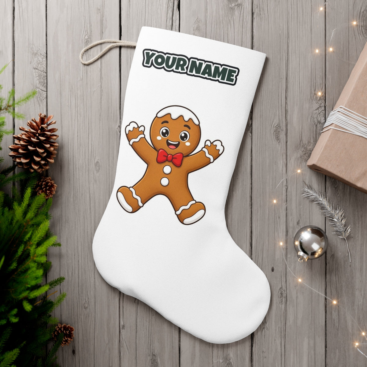 Gingerbread Man With Bow Tie personalised Christmas stocking, white, with the name across the top