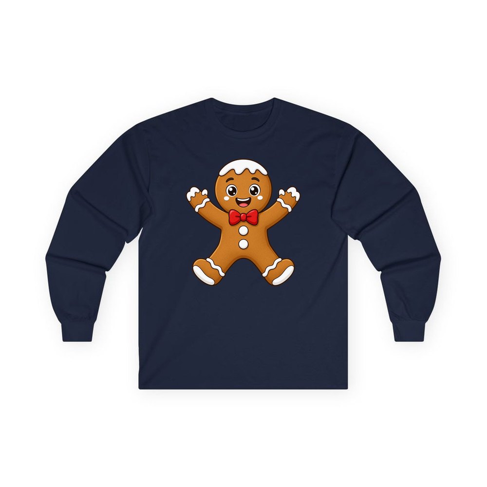 Gingerbread Man With Bow Tie personalised long sleeve Christmas T-shirt in navy
