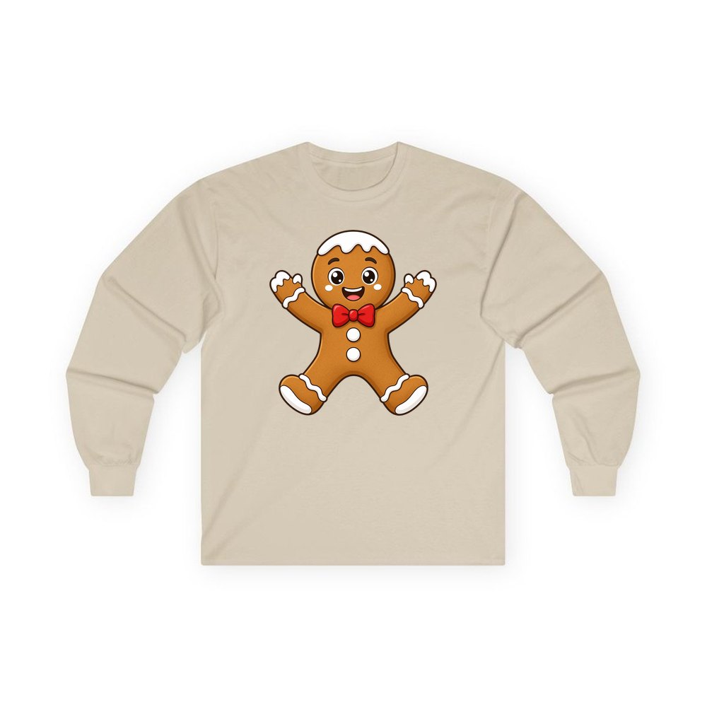 Gingerbread Man With Bow Tie personalised long sleeve Christmas T-shirt in sand