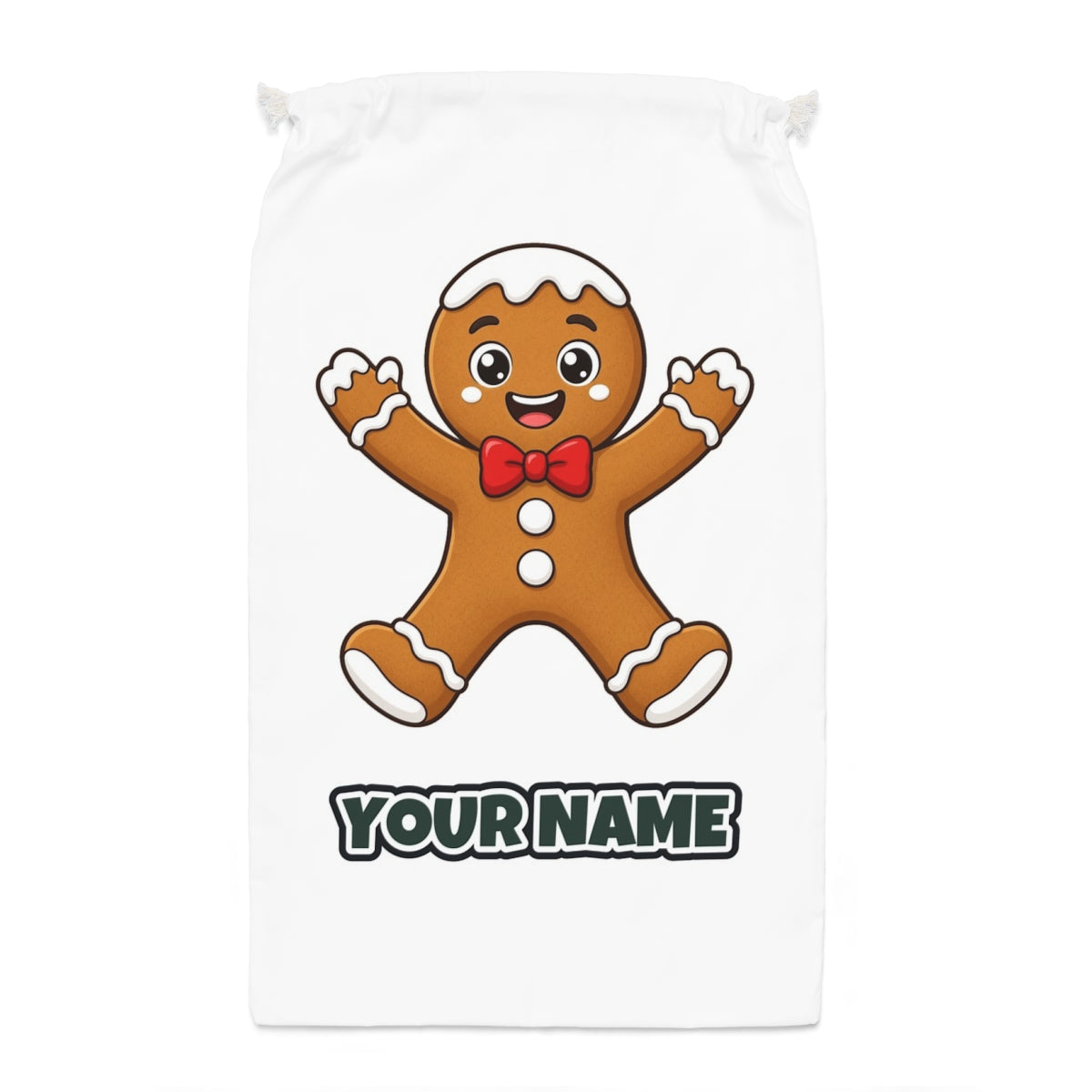 Gingerbread Man With Bow Tie Santa sack laid flat, showing the full print