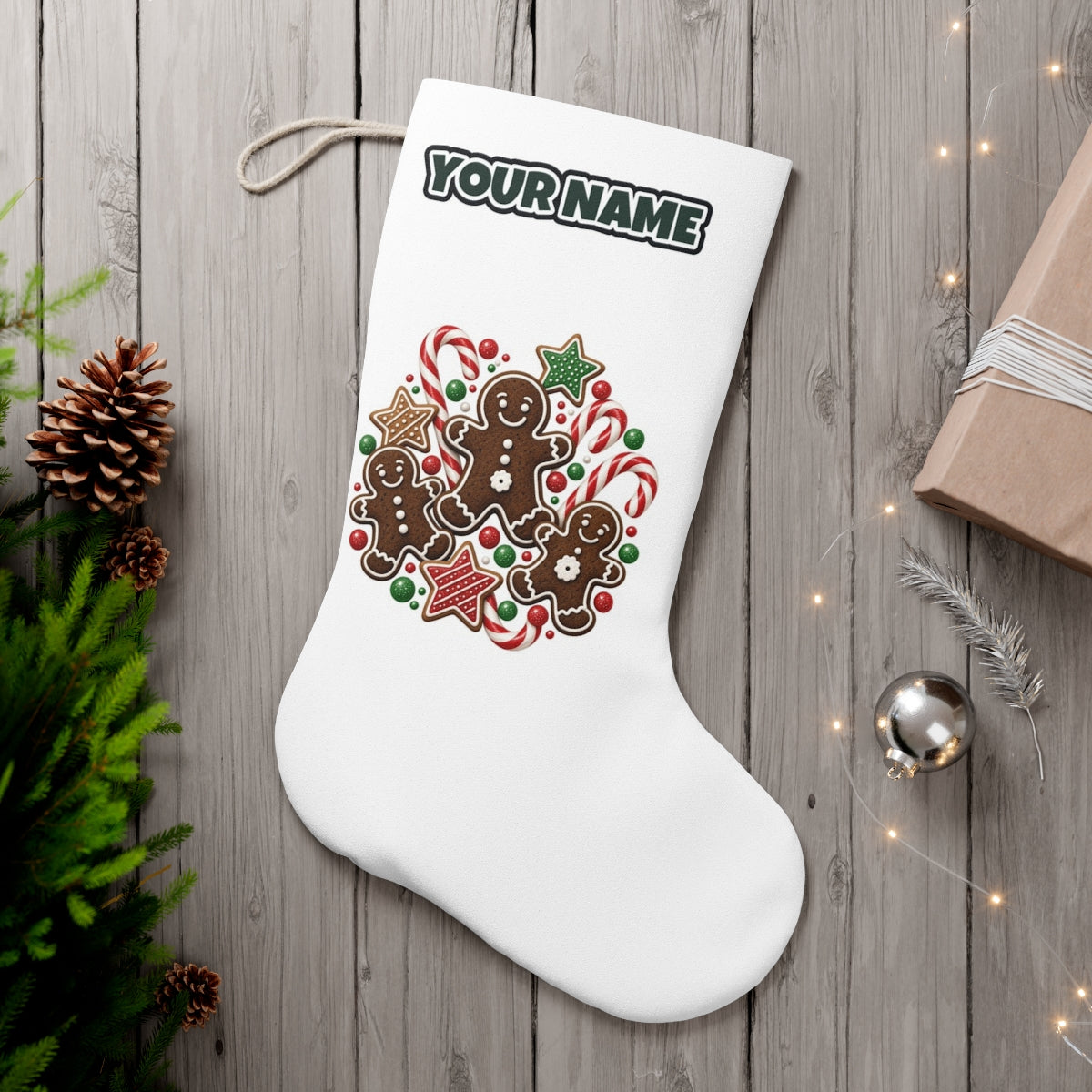 Gingerbread Men and Candy Canes personalised Christmas stocking, white, with the name across the top