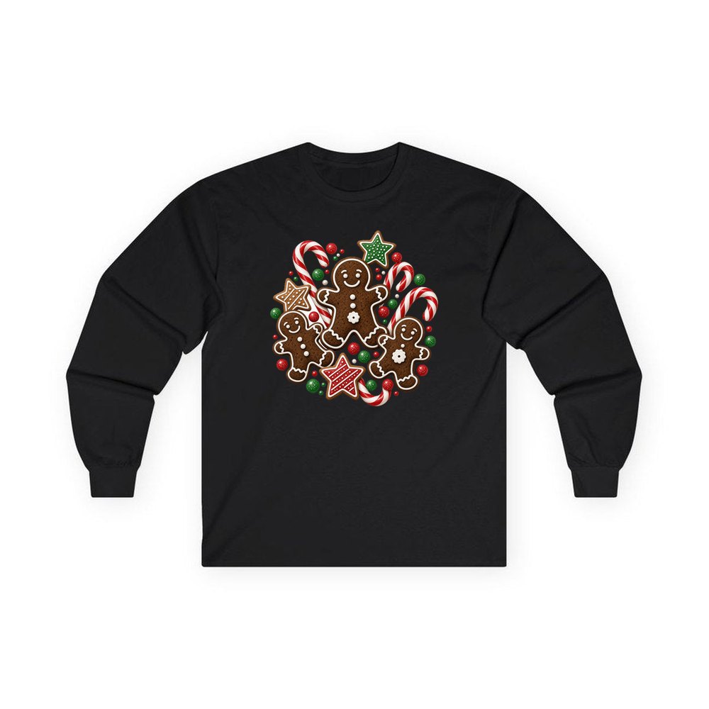 Gingerbread Men and Candy Canes personalised long sleeve Christmas T-shirt in black
