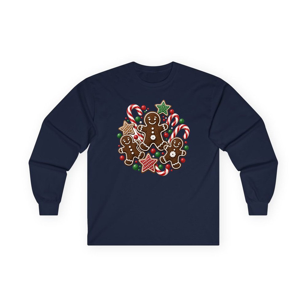 Gingerbread Men and Candy Canes personalised long sleeve Christmas T-shirt in navy