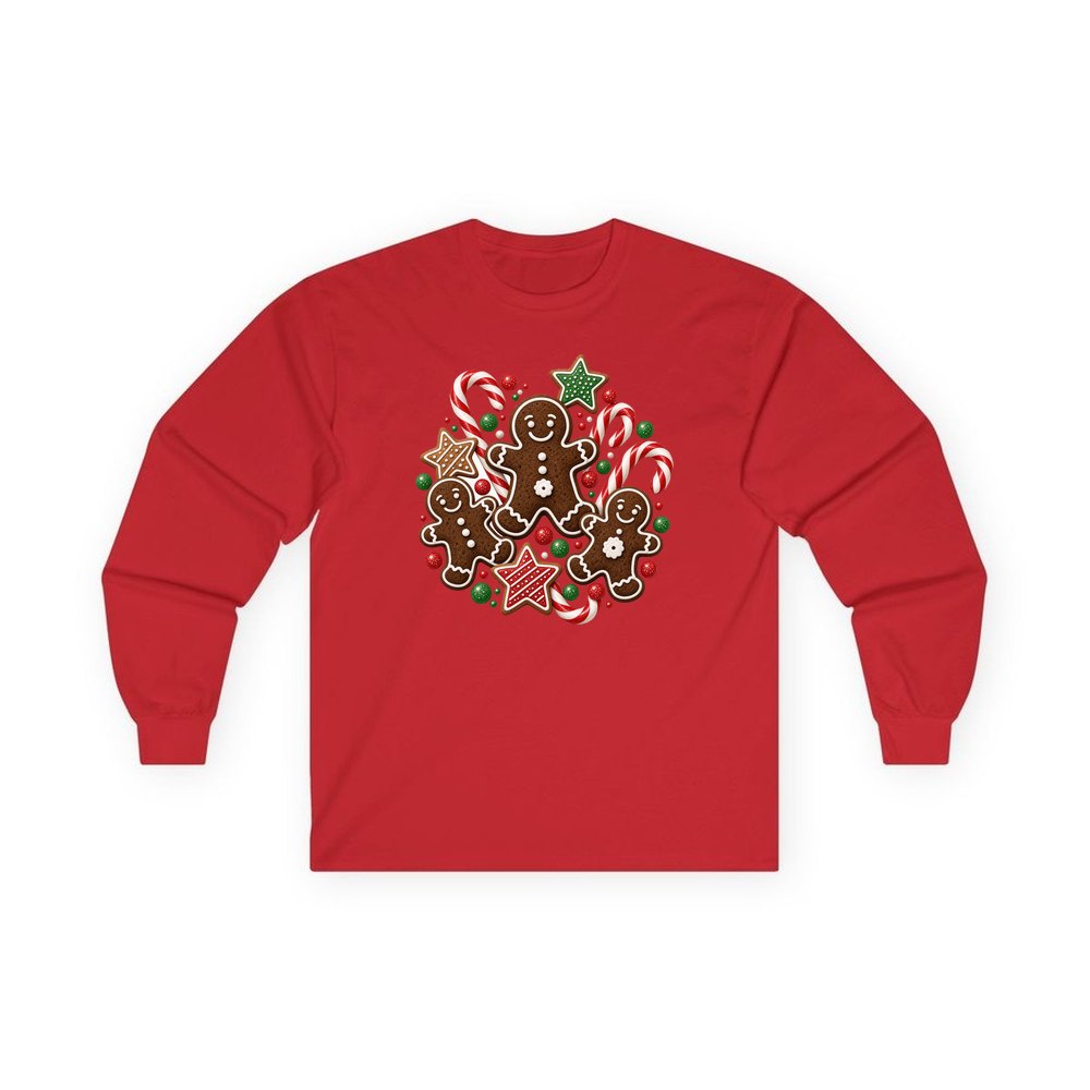 Gingerbread Men and Candy Canes personalised long sleeve Christmas T-shirt in red